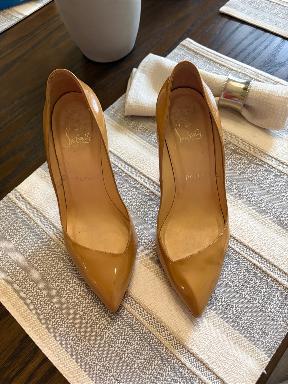 Christian Louboutin Camel Patent Pointed-Toe Stiletto Pumps with Red Soles 100mm